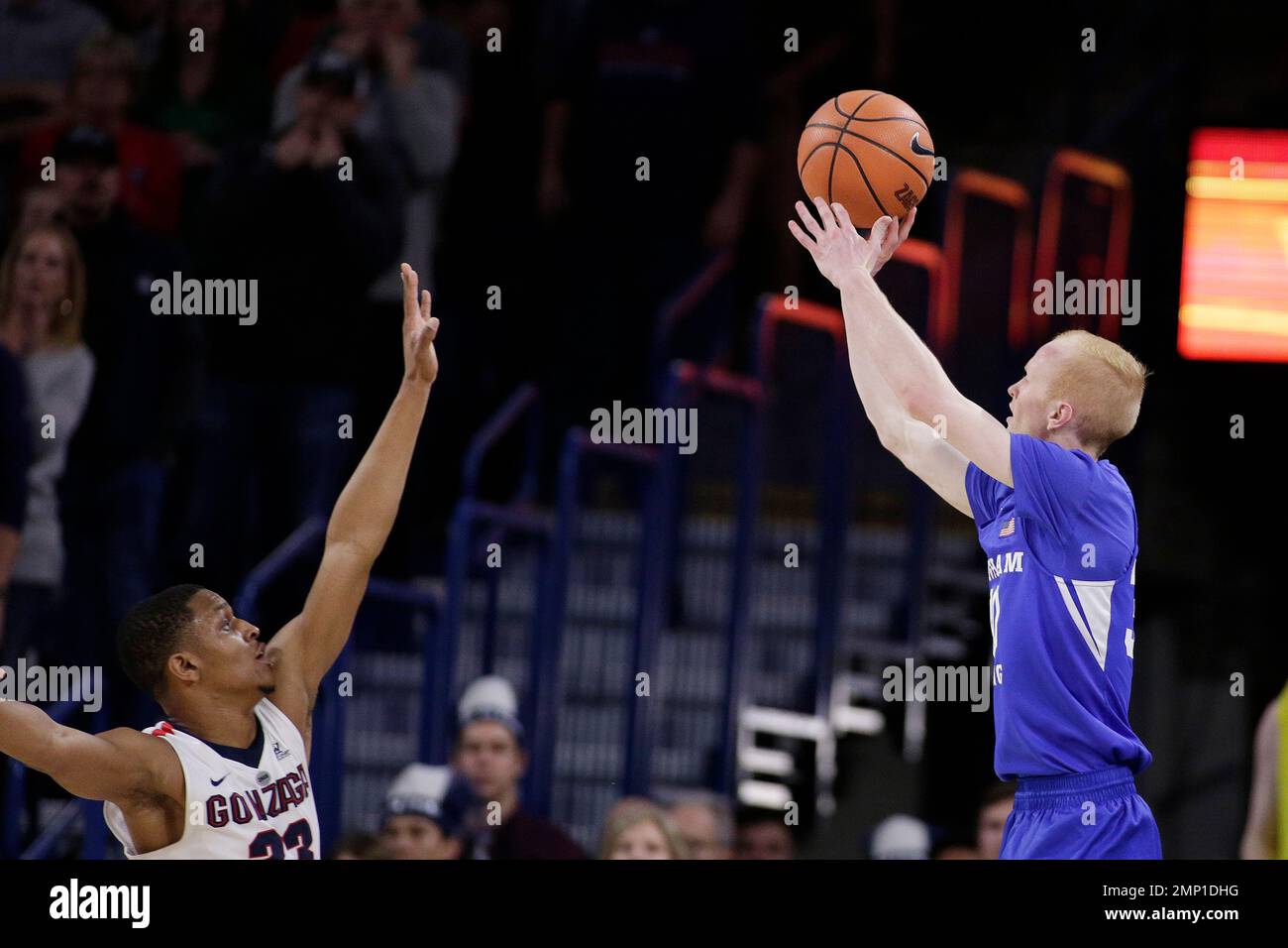BYU guard TJ Haws, right, shoots over Gonzaga guard Zach Norvell Jr. during the second half of