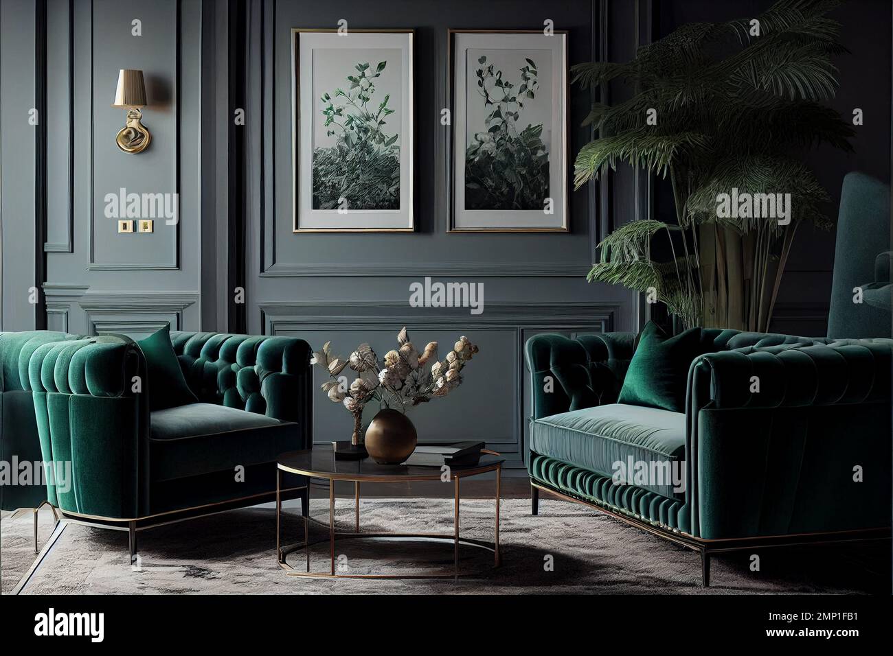 Emerald green living room interior with fog grey walls. Sofa and coffee
