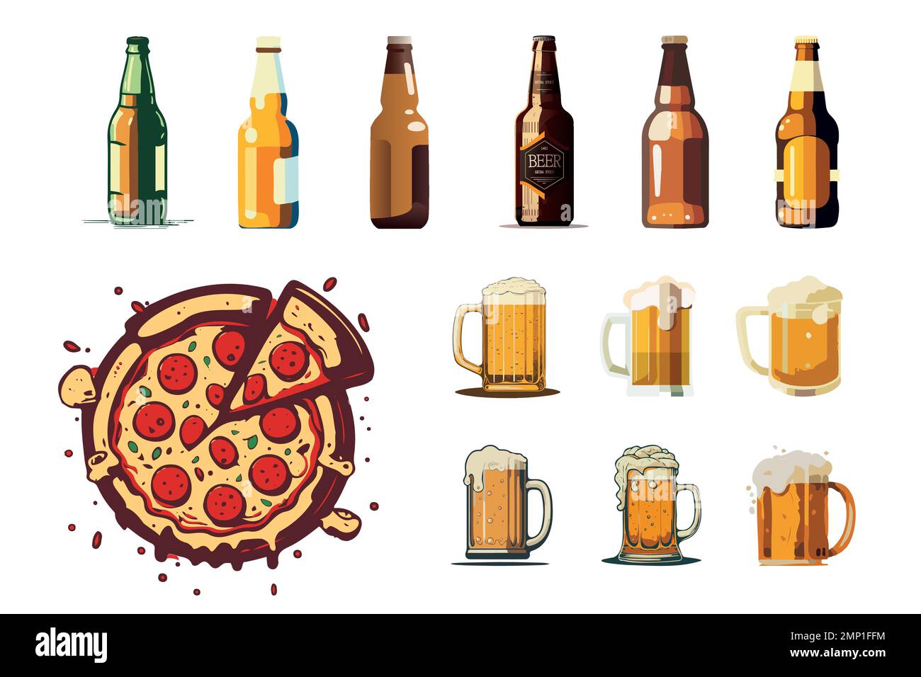 A set of various beer in bottles and mugs. Stock Vector
