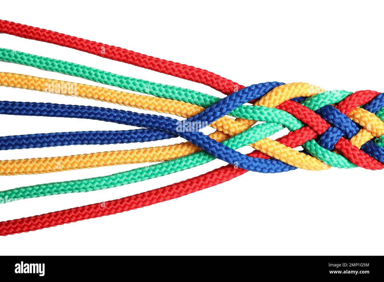 Braided colorful ropes isolated on white, top view. Unity concept Stock ...