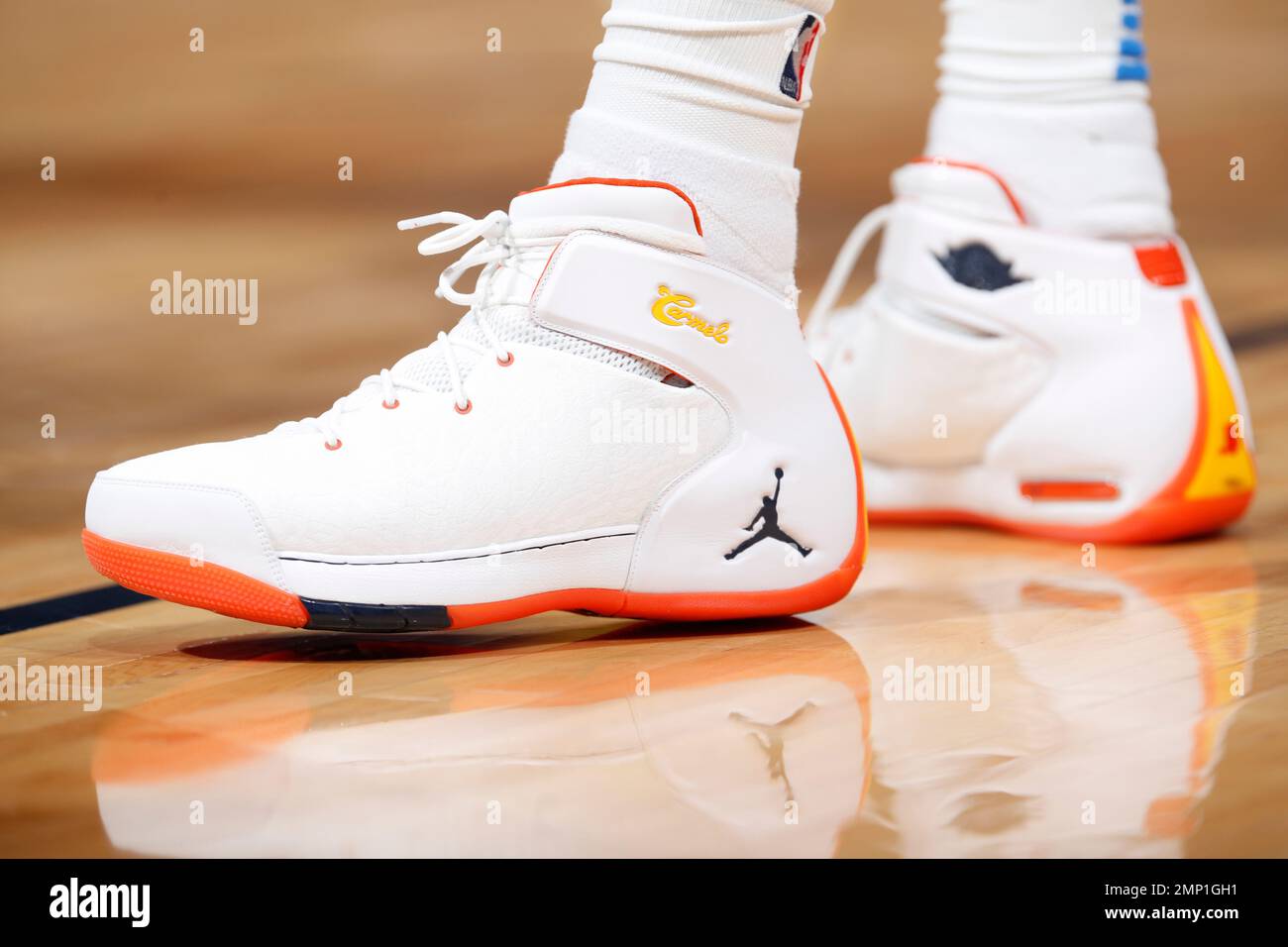 Oklahoma City Thunder forward Carmelo Anthony (7) wears his Jordan brand  shoes by Nike in the second half of an NBA basketball game Thursday, Feb.  1, 2018, in Denver. The Nuggets won