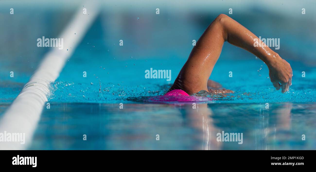 Swim competition swimmer athlete doing crawl stroke in swimming pool