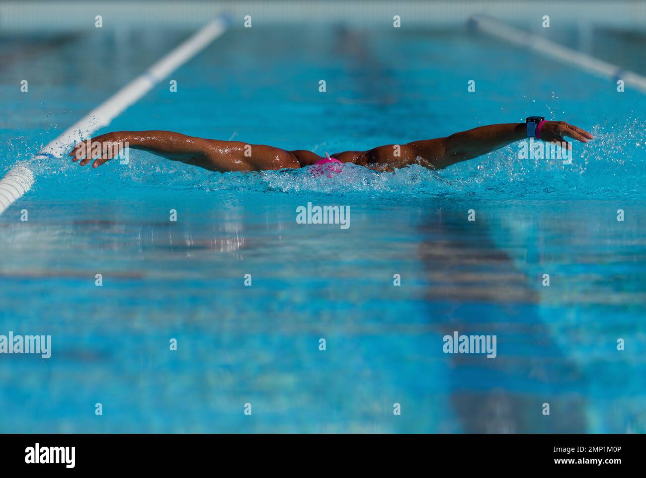 Swim competition swimmer athlete doing butterfly stroke in swimming