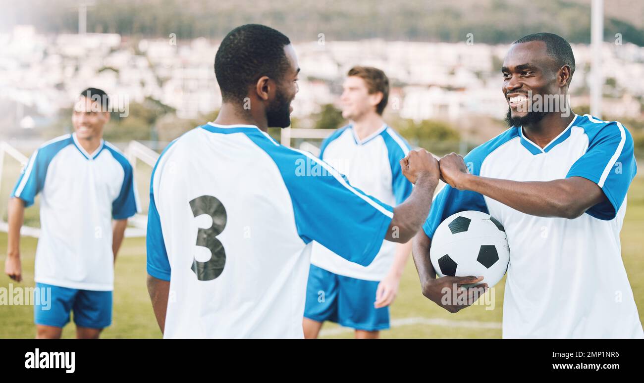 Fist bump, soccer team and fitness teamwork success of a sports group