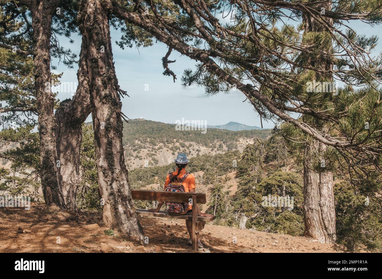 Girl sitting on the bench in Troodos mountain, Cyprus Stock Photo - Alamy