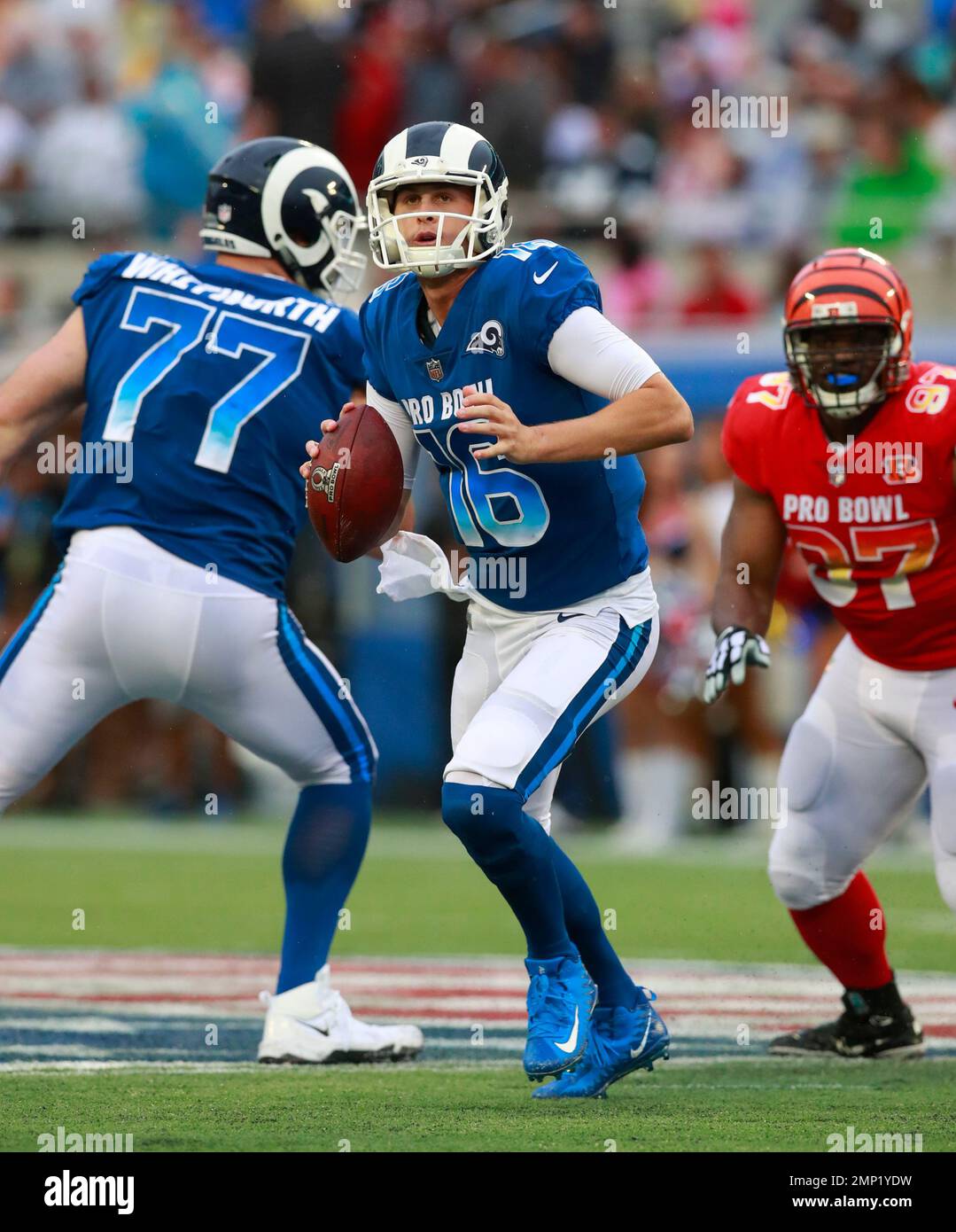 Los Angeles Rams quarterback Jared Goff (16) looks to throw a pass during the NFL Pro Bowl