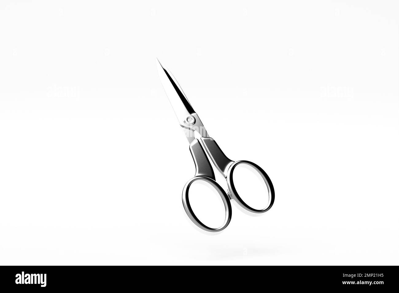 3d illustration, close up of the silver metal open scissors on a white
