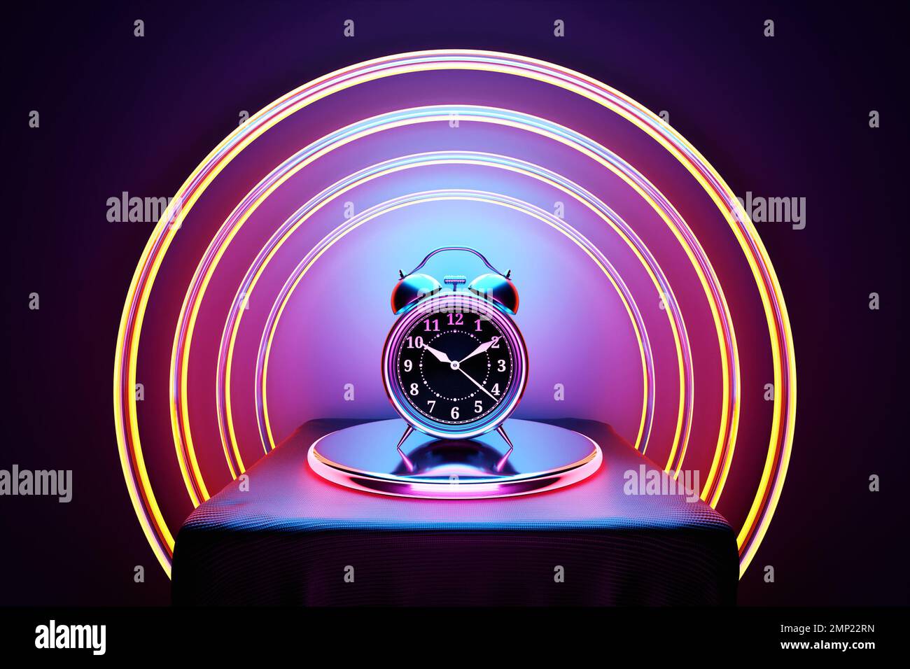 3d Illustration of a alarm clock double bells on circle podium ...