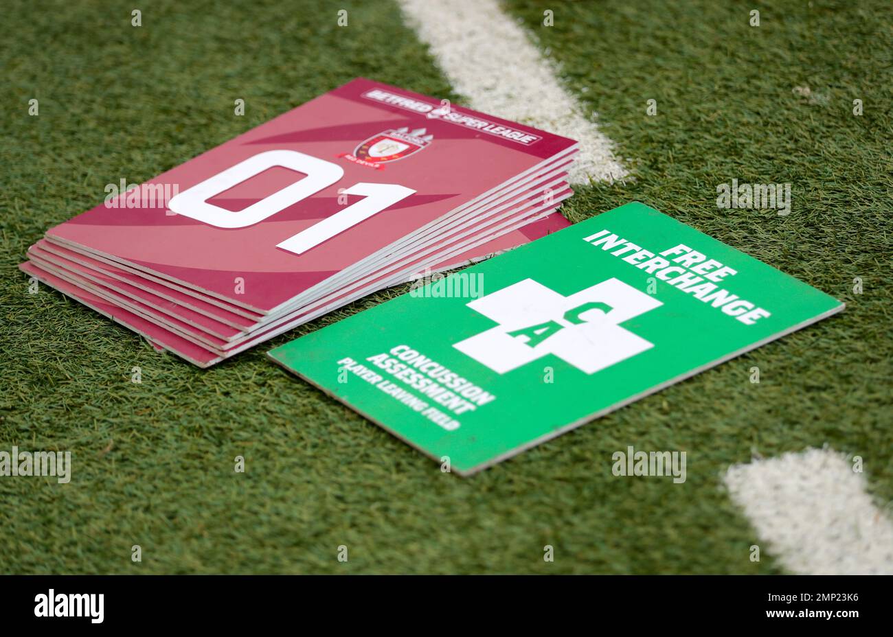 File photo dated 26-05-2019 of Detail of a concussion assesment sign on the pitch. Experiencing three or more concussions is linked to worsened brain function in later life, according to a new study. Issue date: Tuesday January 31, 2023. Stock Photo