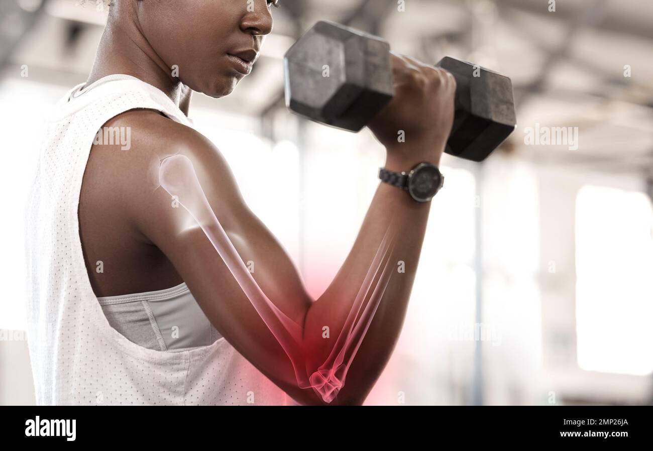 Bone hologram overlay, black woman athlete and weight training of a