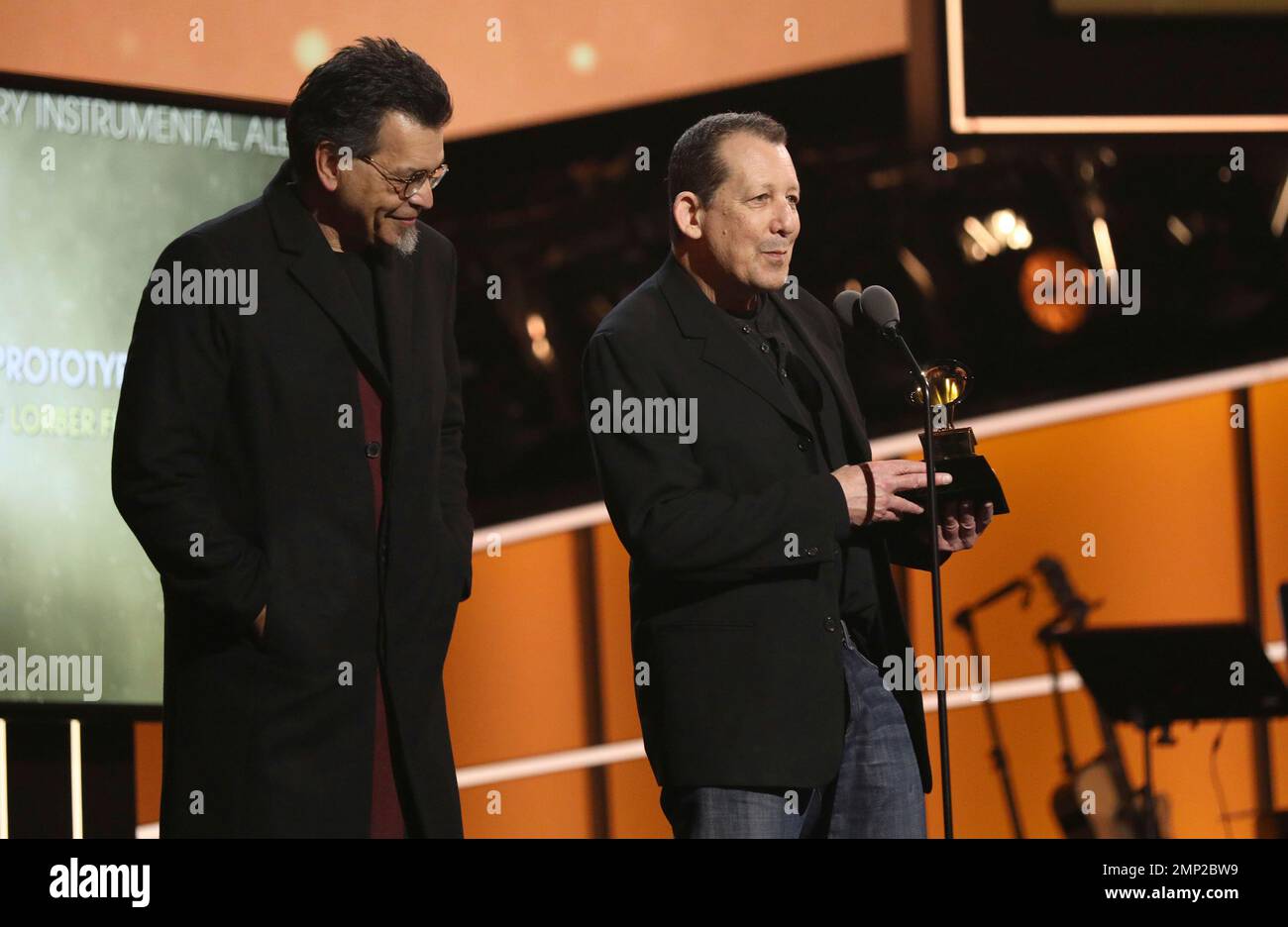 Jeff Lorber, right, and Jimmy Haslip, of Jeff Lorber Fusion, accept the