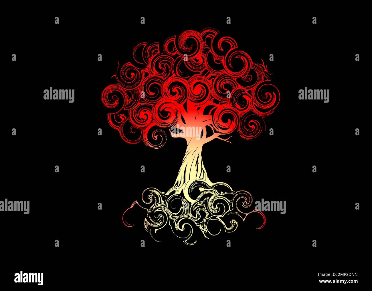 Beautiful Abstract and colorful ancient  magical red big tree of life silhouette wallpaper background painting Stock Vector