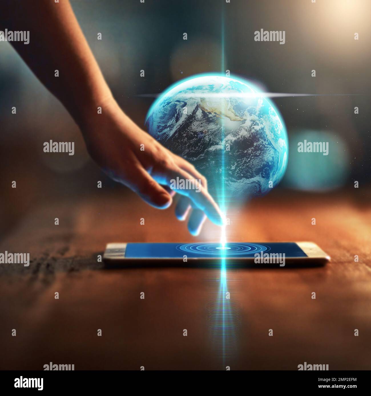 Hand, phone and earth hologram for global communication, information technology or internet networking. Future, ai or globe with a woman touching a Stock Photo