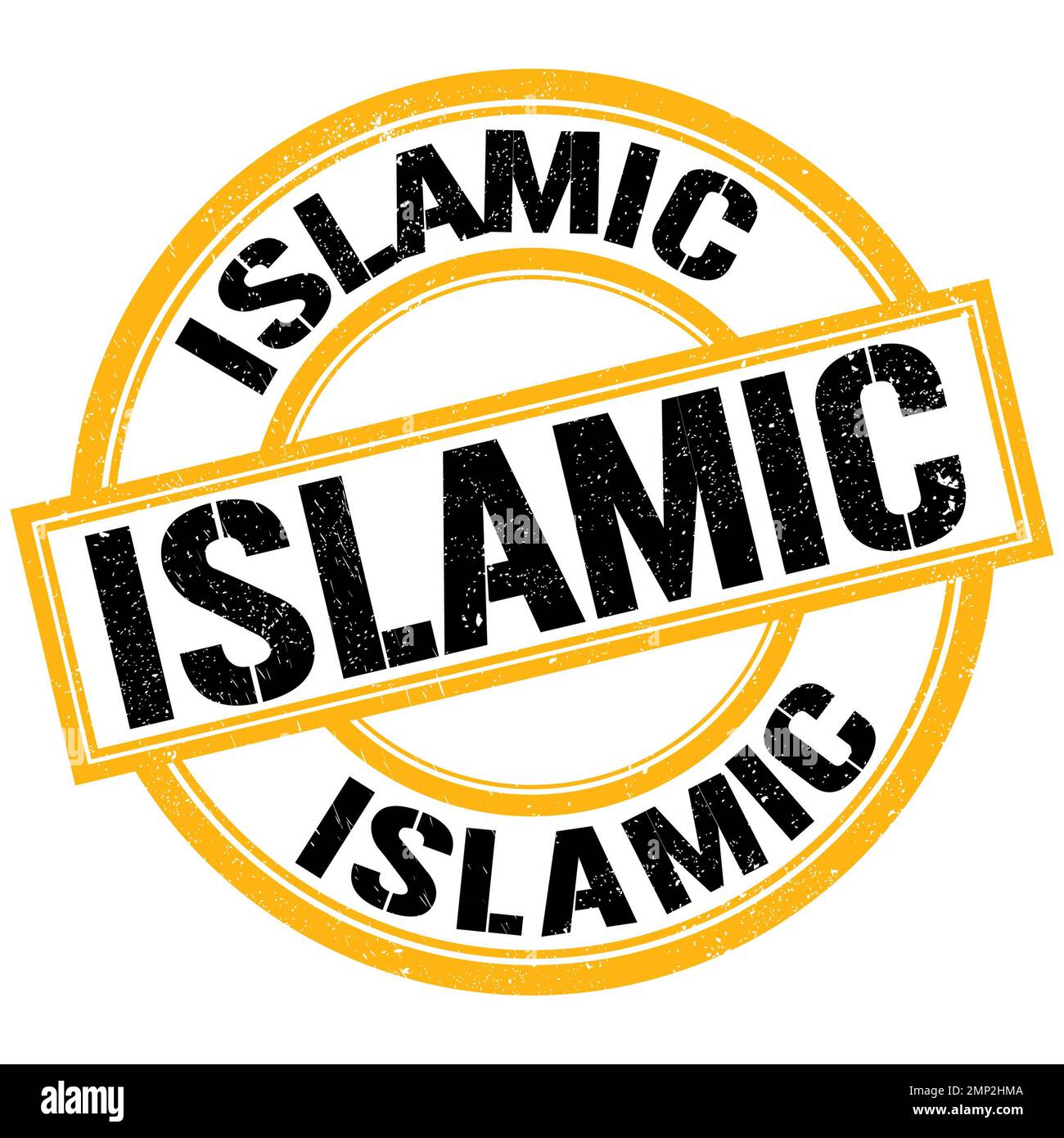 ISLAMIC text written on yellow-black round stamp sign Stock Photo - Alamy