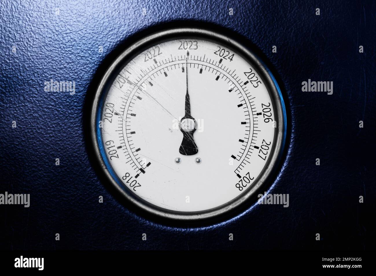 Round temperature gauge with cutoffs 2023 and other years isolated on a