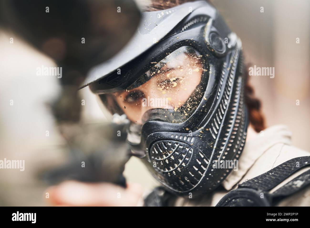 Paintball, gun focus and soldier in training on a mission ready for