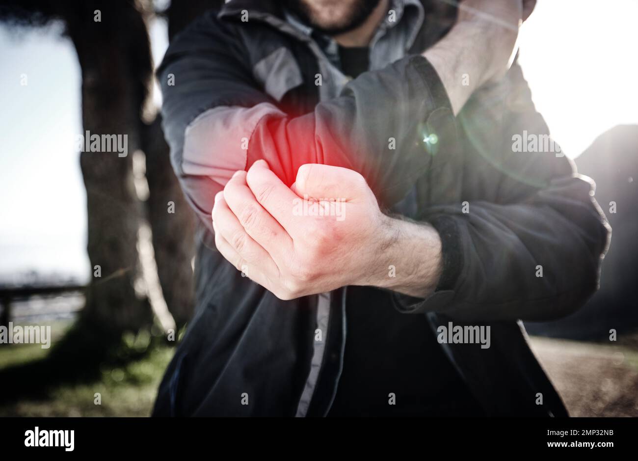 Hands, elbow pain and arm injury after fall, accident or mistake