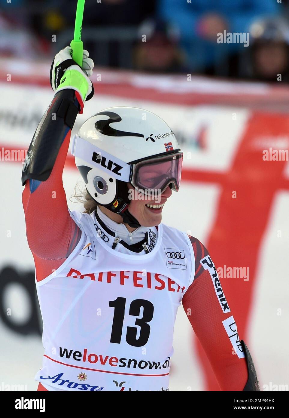 Norway's Ragnhild Mowinckel celebrates after completing the first run ...