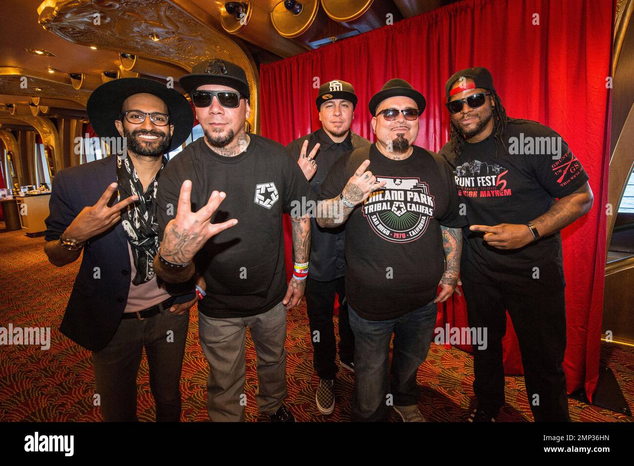 Band members of P.O.D pose on board the Carnival Liberty during day 4 ...