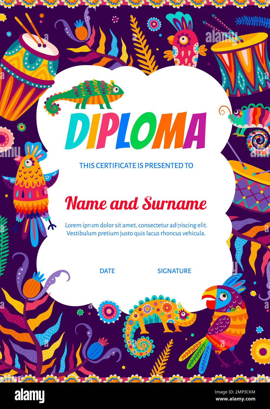 Kids diploma with brazilian drums and parrots, mexican chameleons. Educational vector certificate with animals and musical instruments. Appreciation, graduation or gift frame in alebrije style Stock Vector