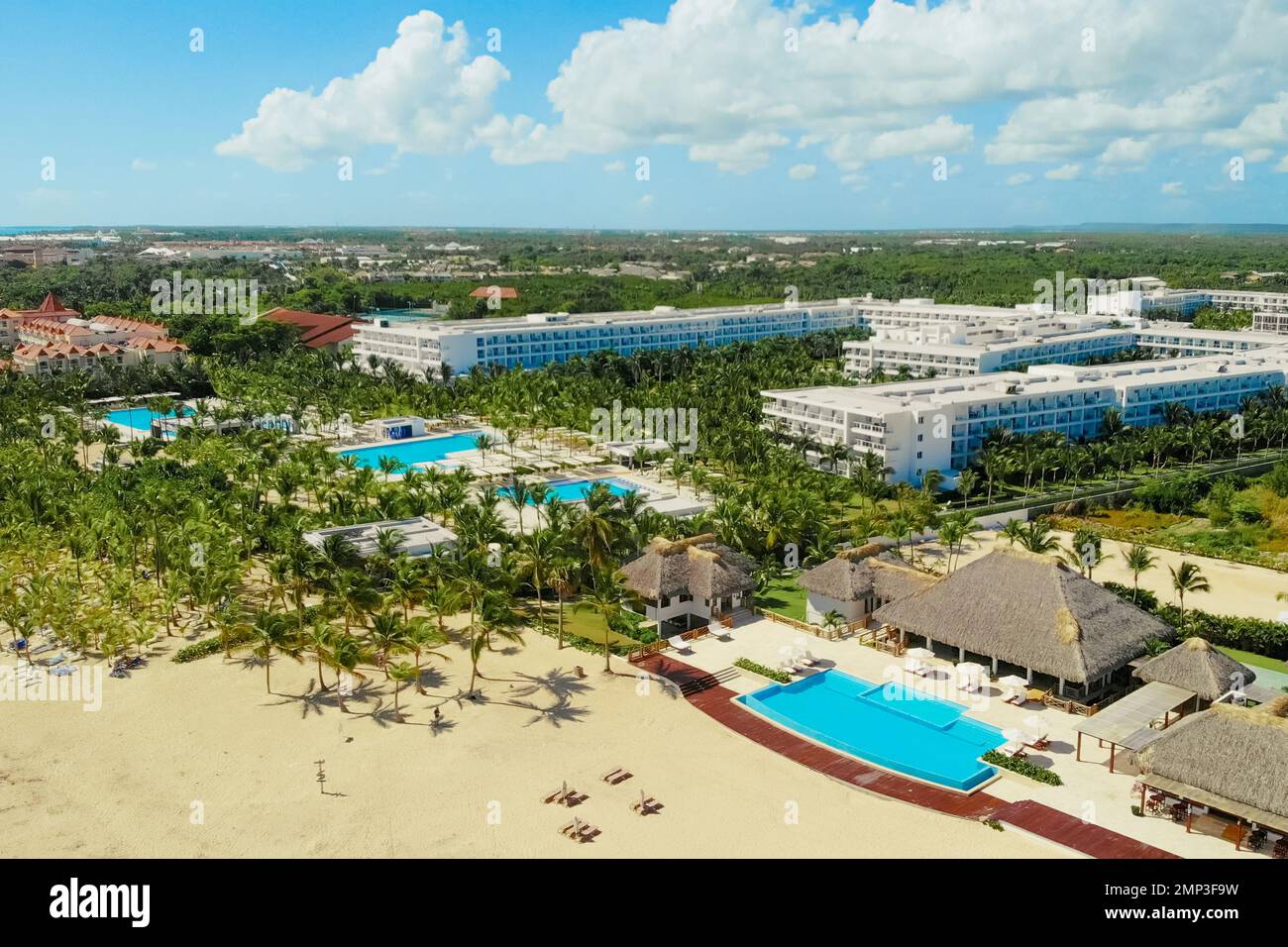 Pool area and bars in a tropical tourist resort, lux hotel in Caribbean, aerial view of luxury hotel with exotic poolside. Aerial view of luxury tropical resort.Drone view of resort with swimming pool Stock Photo