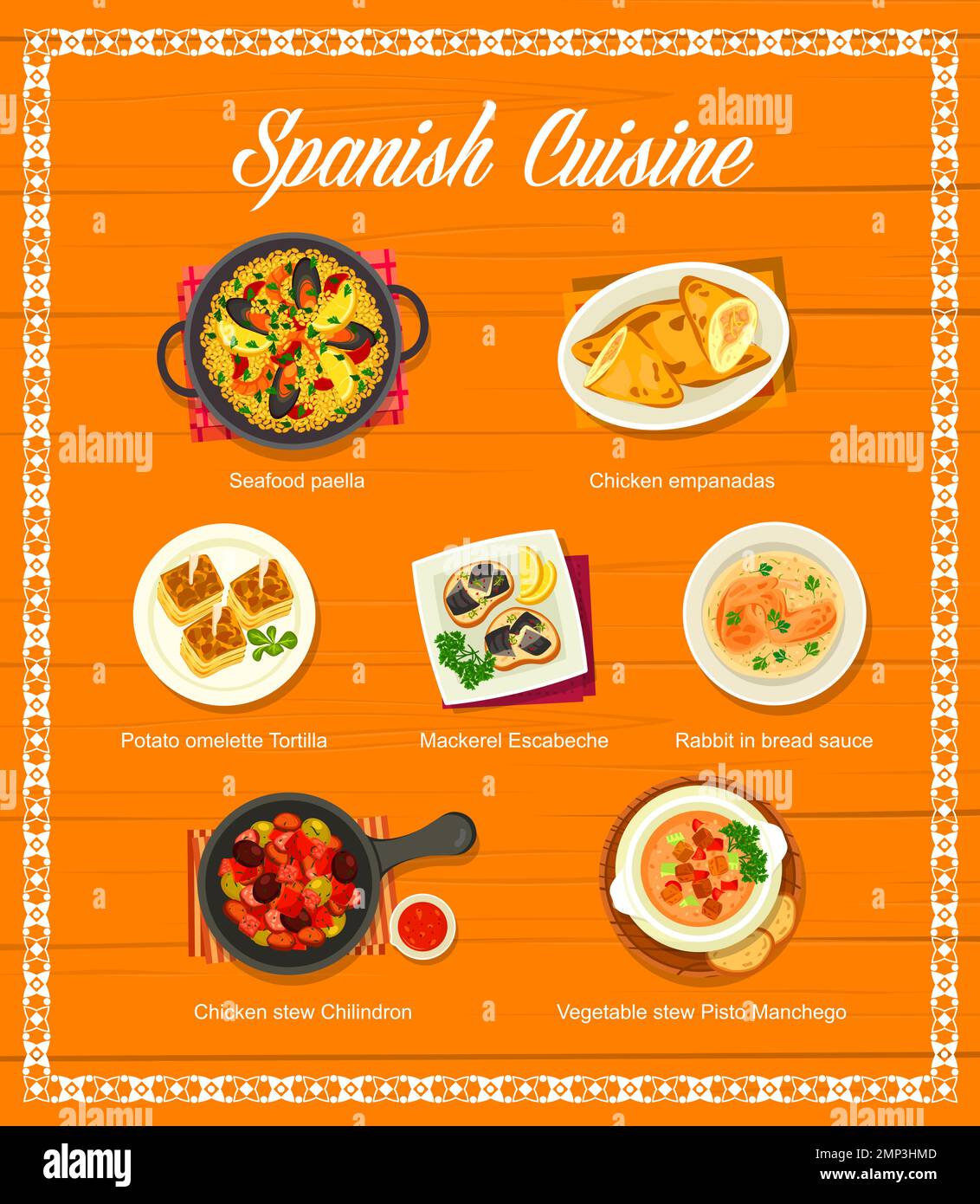 Spanish cuisine menu, food dishes and tapas, Spain meals for lunch and