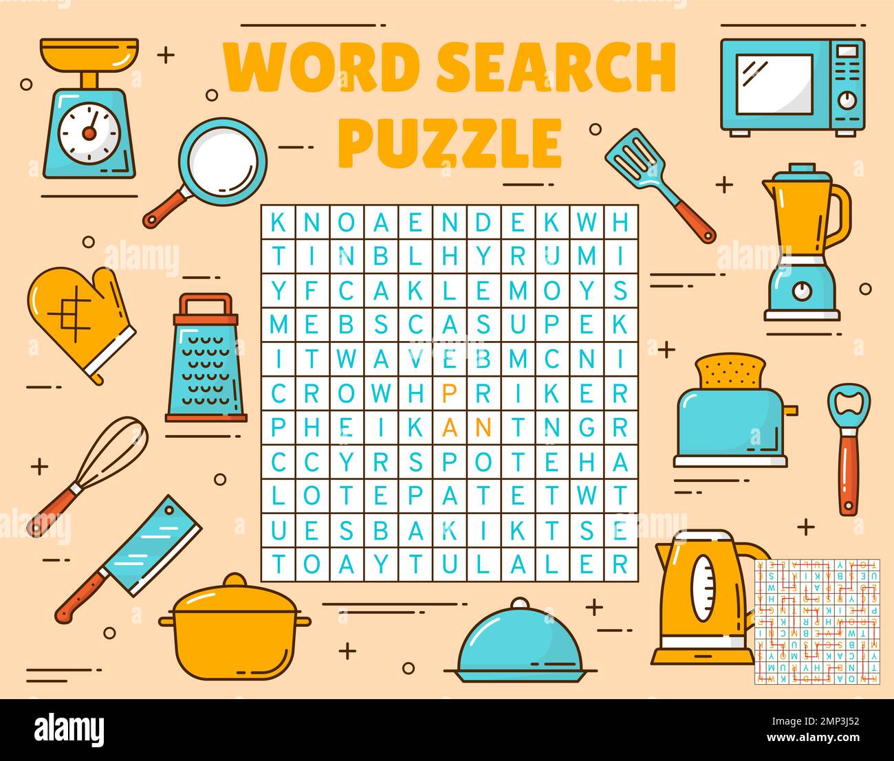 Kitchenware and utensil. Word search puzzle game worksheet. Quiz grid