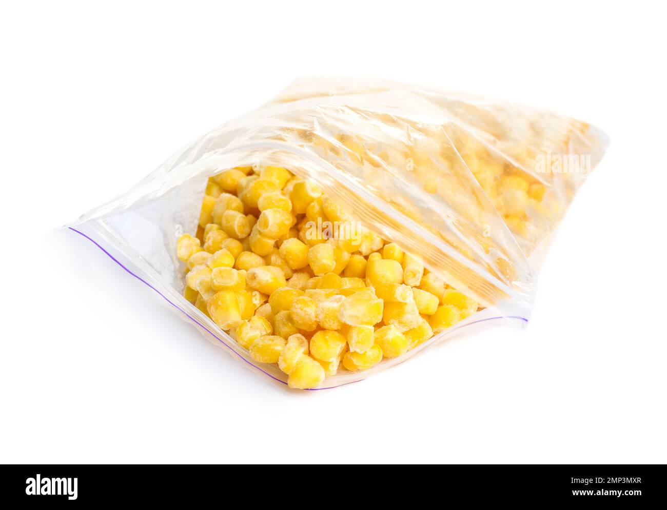 Frozen corn in plastic bag isolated on white. Vegetable preservation Stock Photo