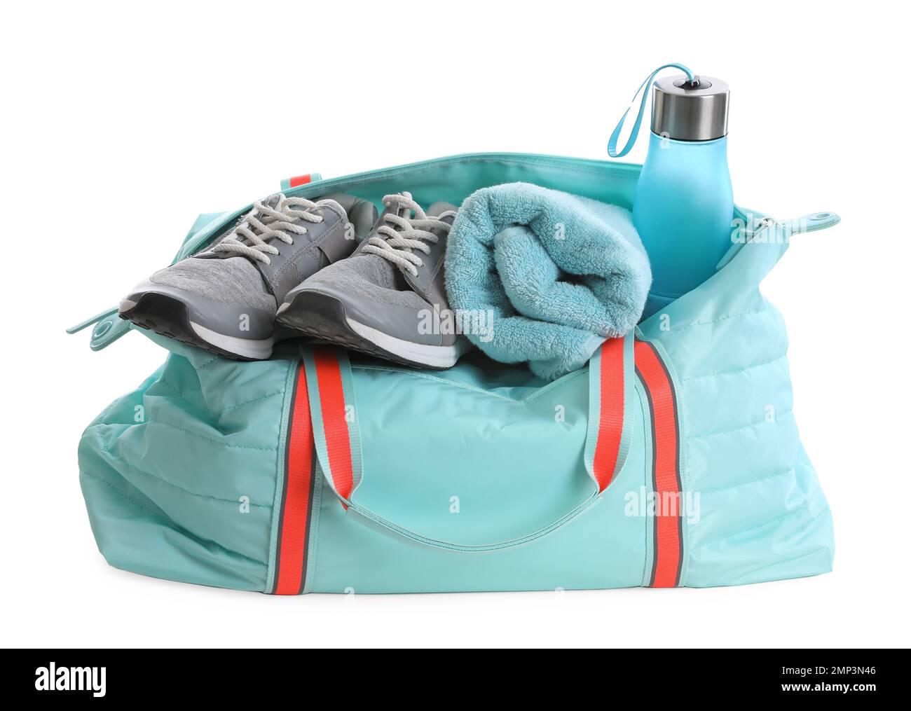 Sports bag with gym equipment on white background Stock Photo - Alamy