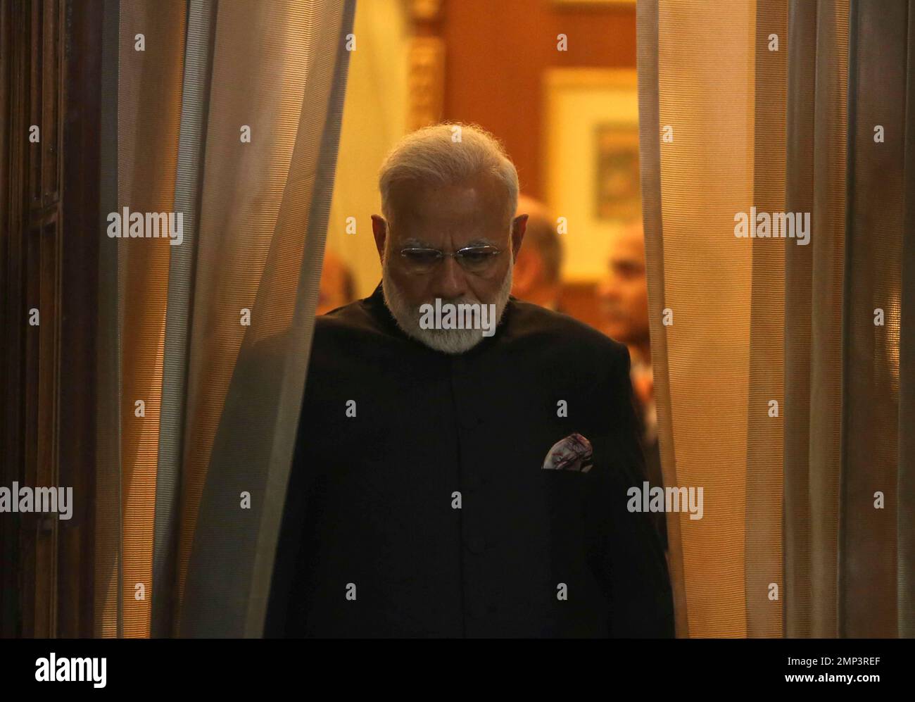Indian Prime Minister Narendra Modi arrives for a meeting with Myanmar State Counsellor Aung San Suu Kyi, in New Delhi, India, Wednesday, Jan.24, 2018. The leaders of the Association of Southeast Asian Nations, or ASEAN, are gathering in New Delhi to celebrate 25 years of the group's ties with India. (AP Photo) Stock Photo