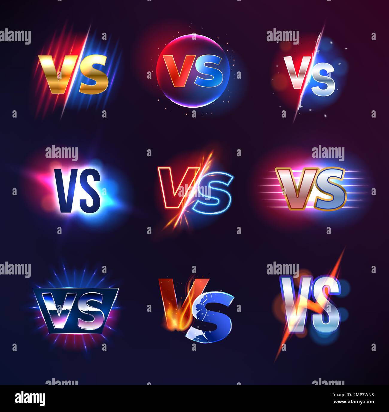 VS text and versus symbols. Sport match, championship tournament or martial arts contest, conflict, confrontation or battle vector backgrounds or symbols with flame, fire, lightning and light effects Stock Vector