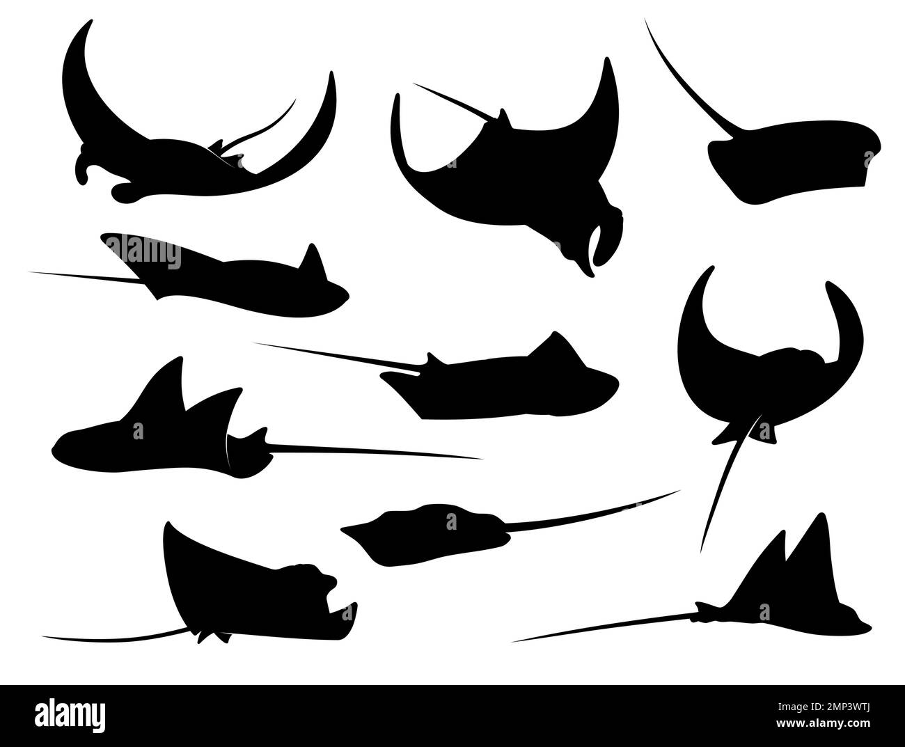 Manta ray, stingray or cramp fish silhouette. Vector animals of sea and ocean water swimming with waving fins and tails. Diving skate, stingray or eagle ray fish isolated symbols, underwater wildlife Stock Vector