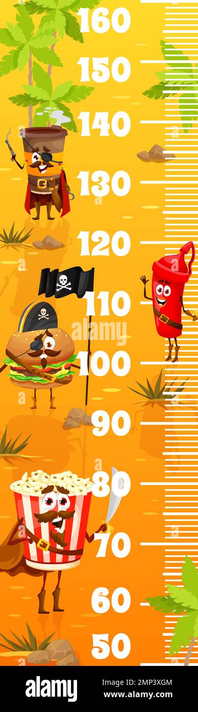 Kids height ruler cartoon pirates fastfood characters on treasure ...