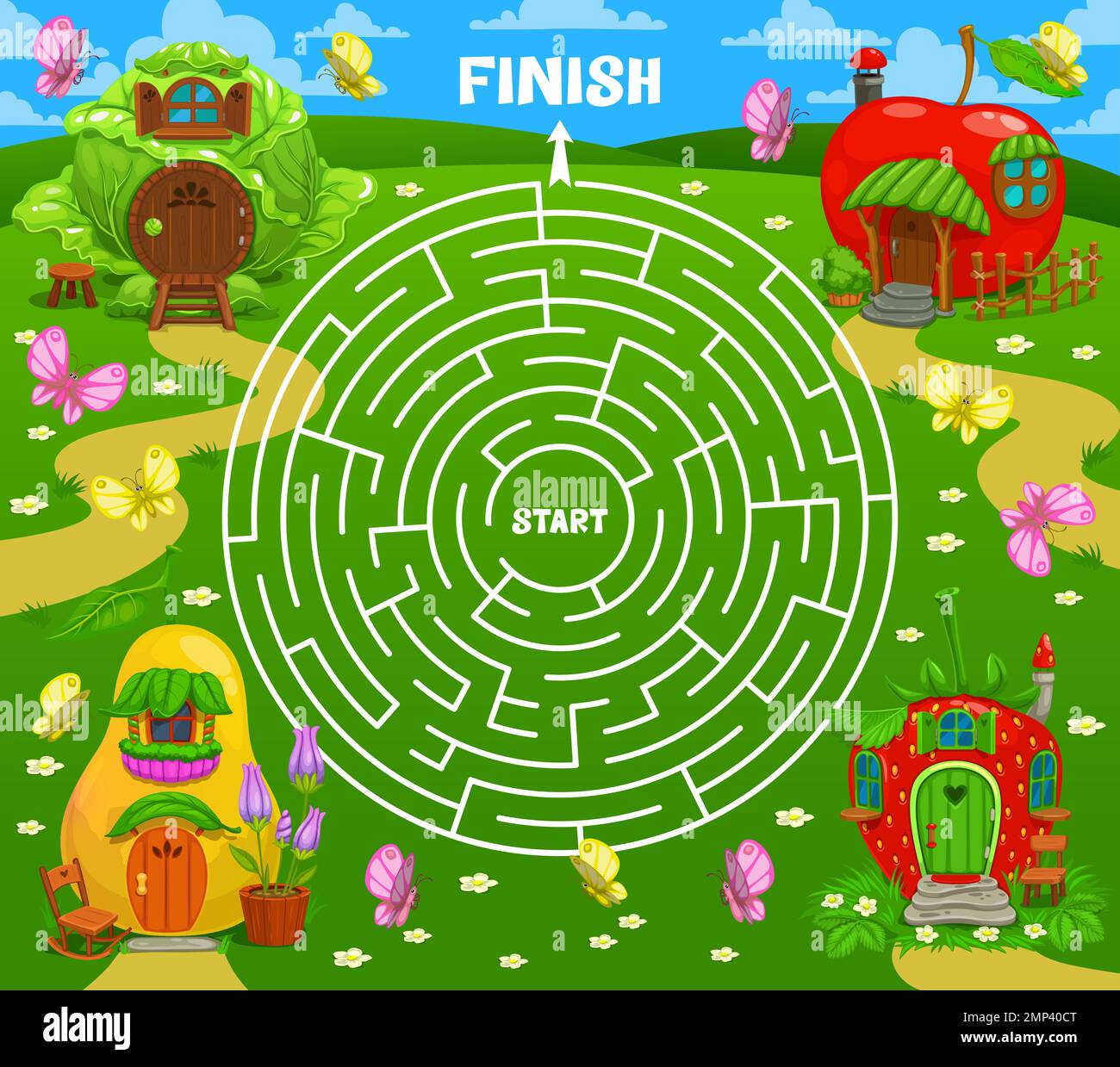 Labyrinth maze fairytale magic houses and dwellings. Kids vector board
