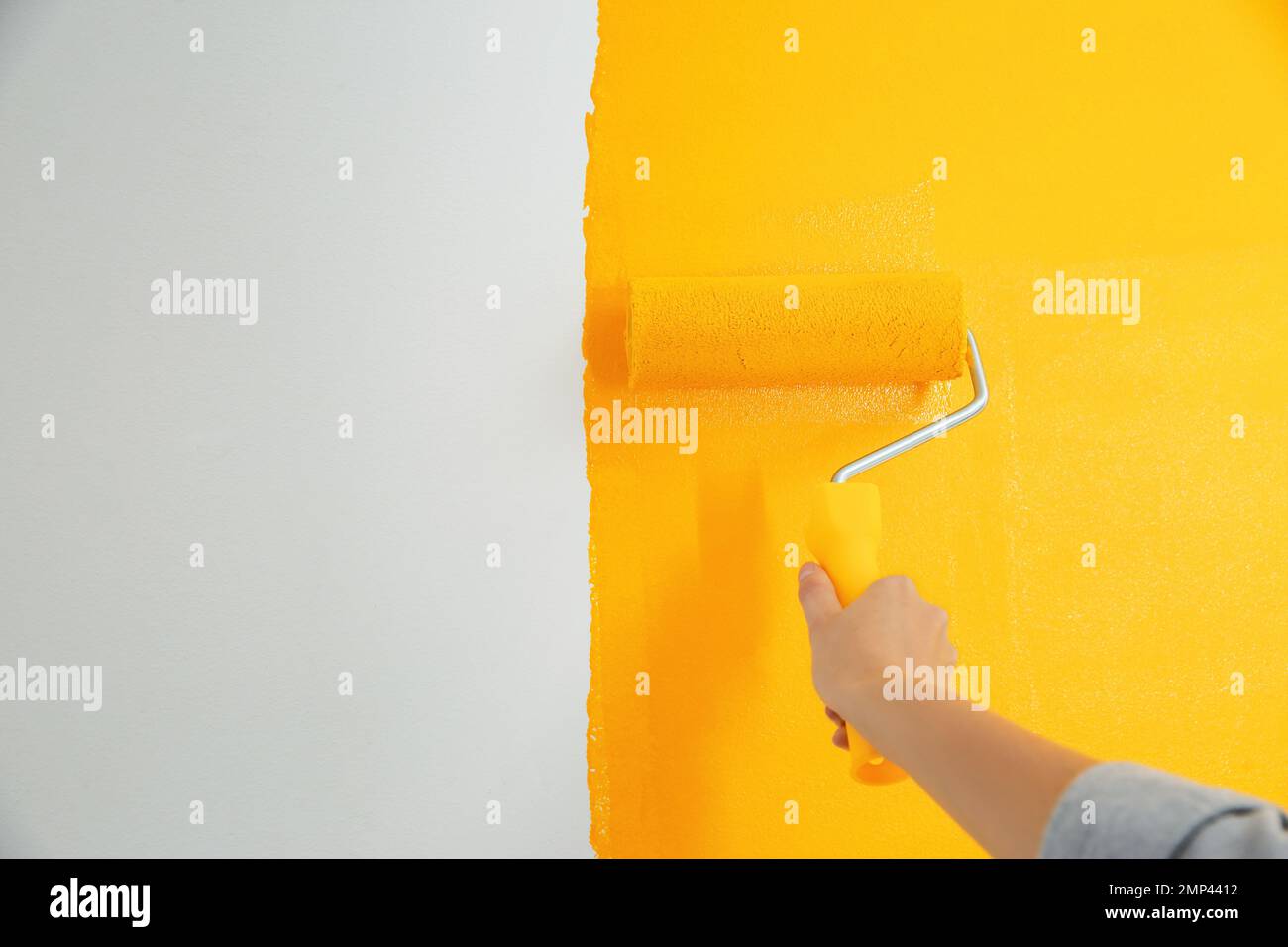 Woman painting white wall with yellow dye, closeup. Interior renovation ...
