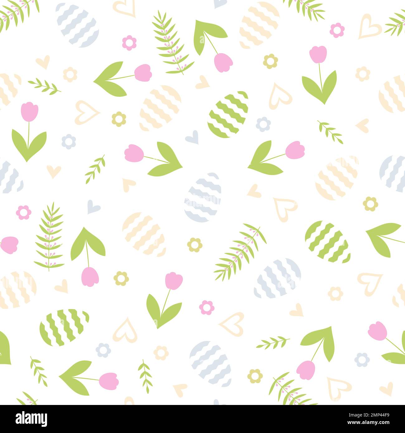 Easter seamless pattern with eggs, tulips and hearts Stock Vector