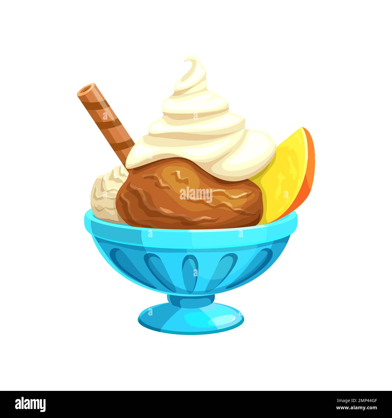 Cartoon ice cream in bowl with waffle stick and citrus fruit slice