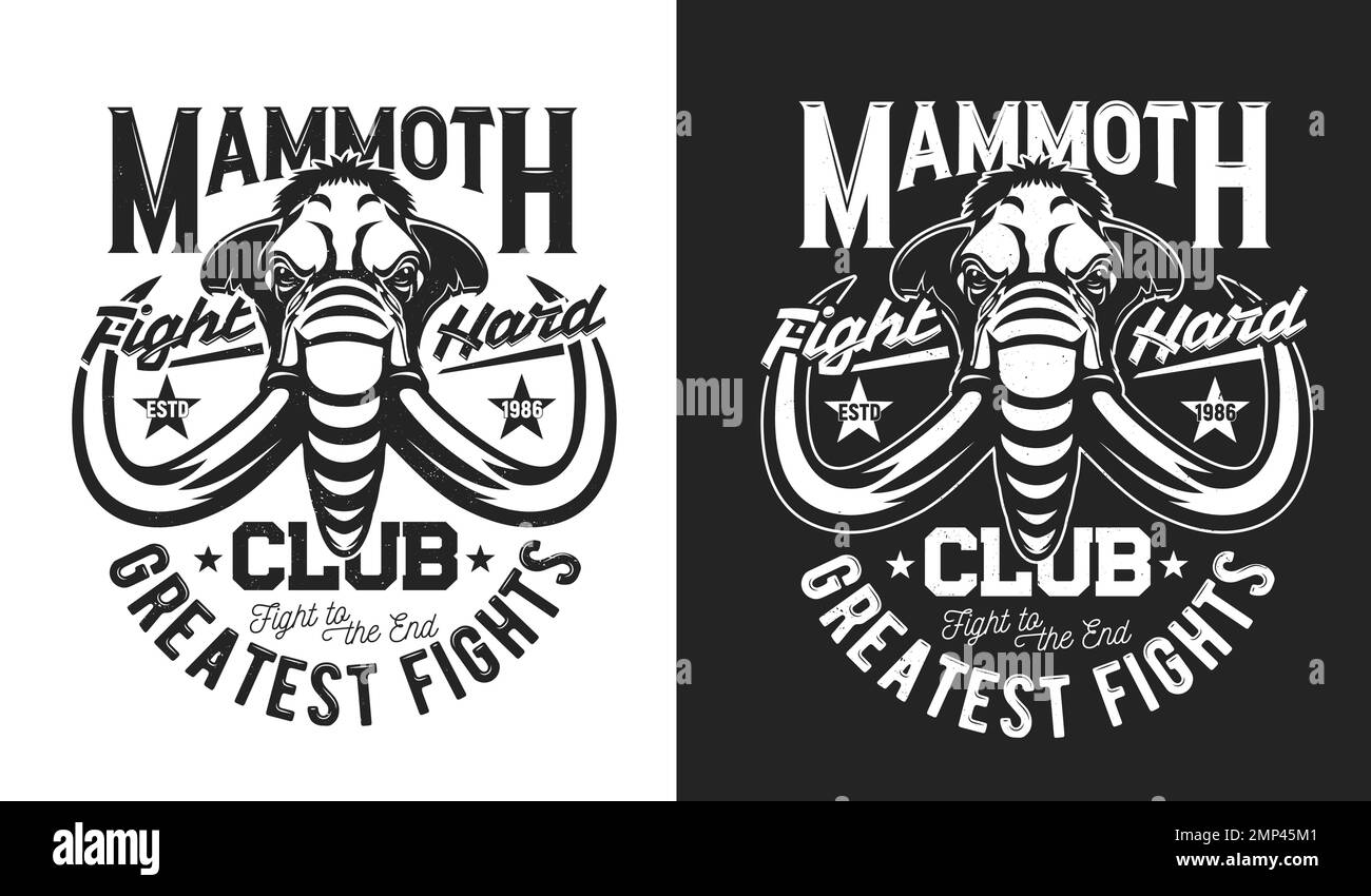 Fighting club t-shirt print with mammoth mascot, martial arts sport team vector emblem. Strong aggressive mammoth animal with tusks, fight club badge for sport club sign with motto slogan Stock Vector