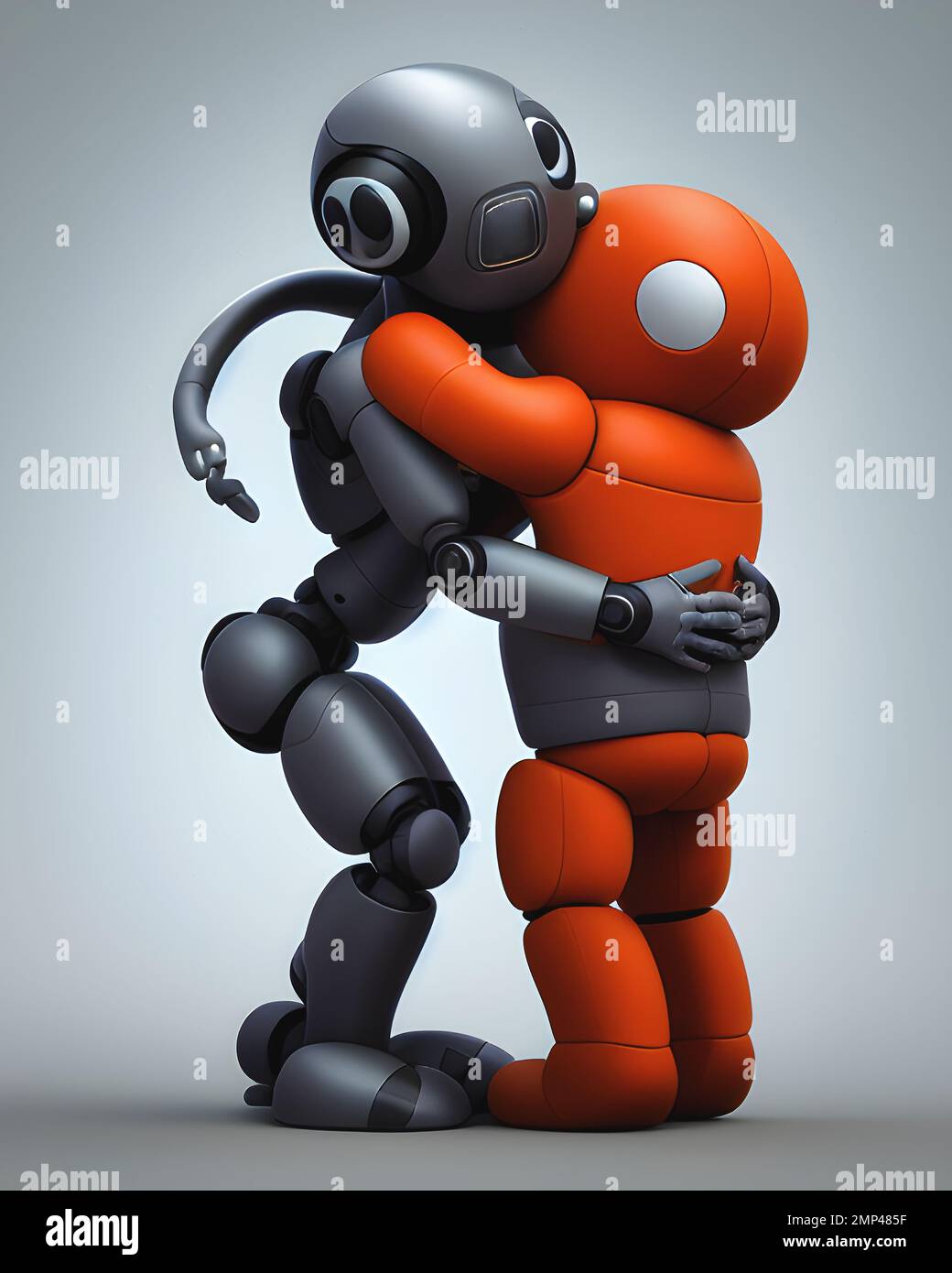 Two humanoid robots hugging, generative ai illustration Stock Photo