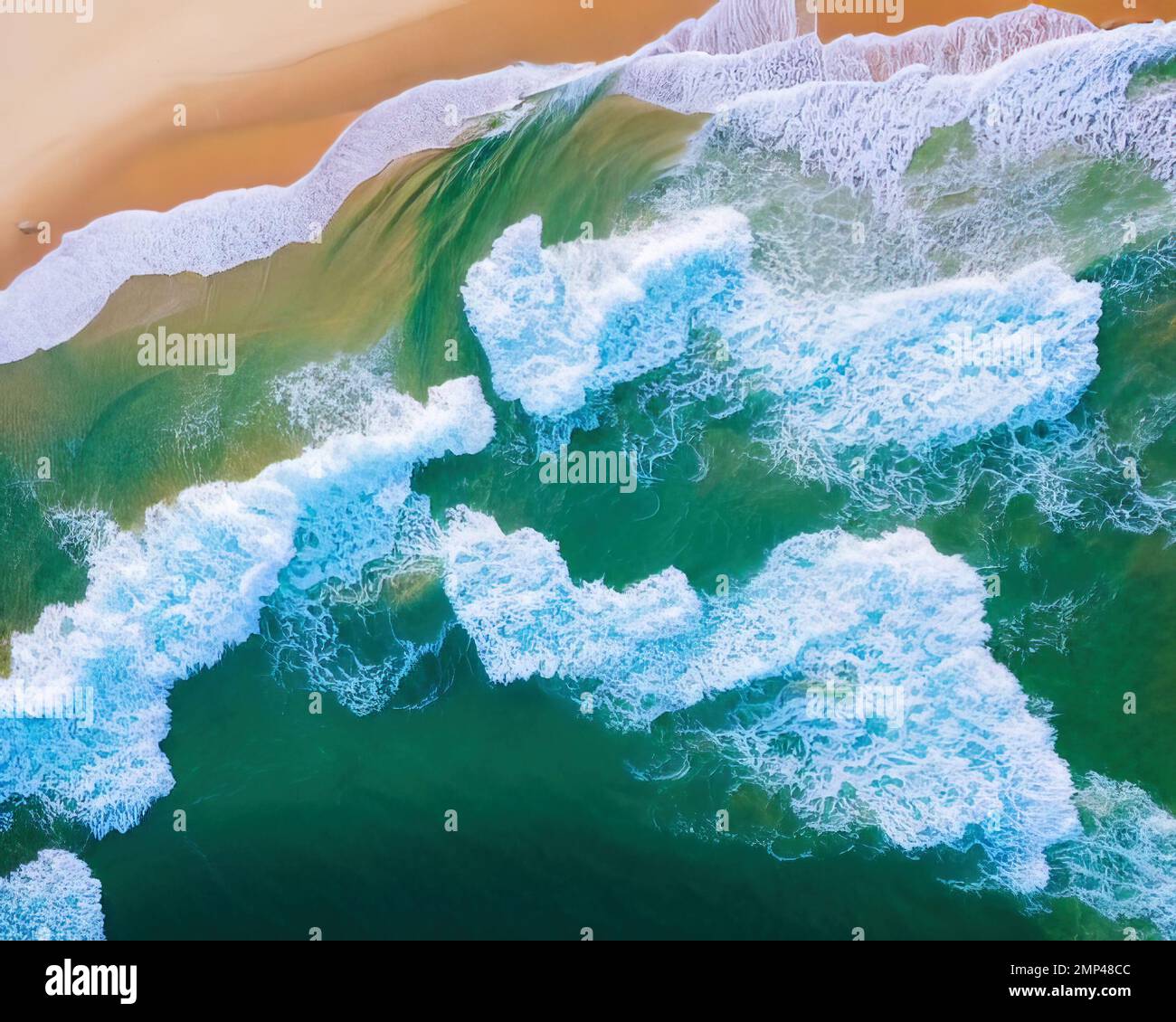 Aerial shot of ocean waves on sandy beach, directly above. Generative Ai. Stock Photo