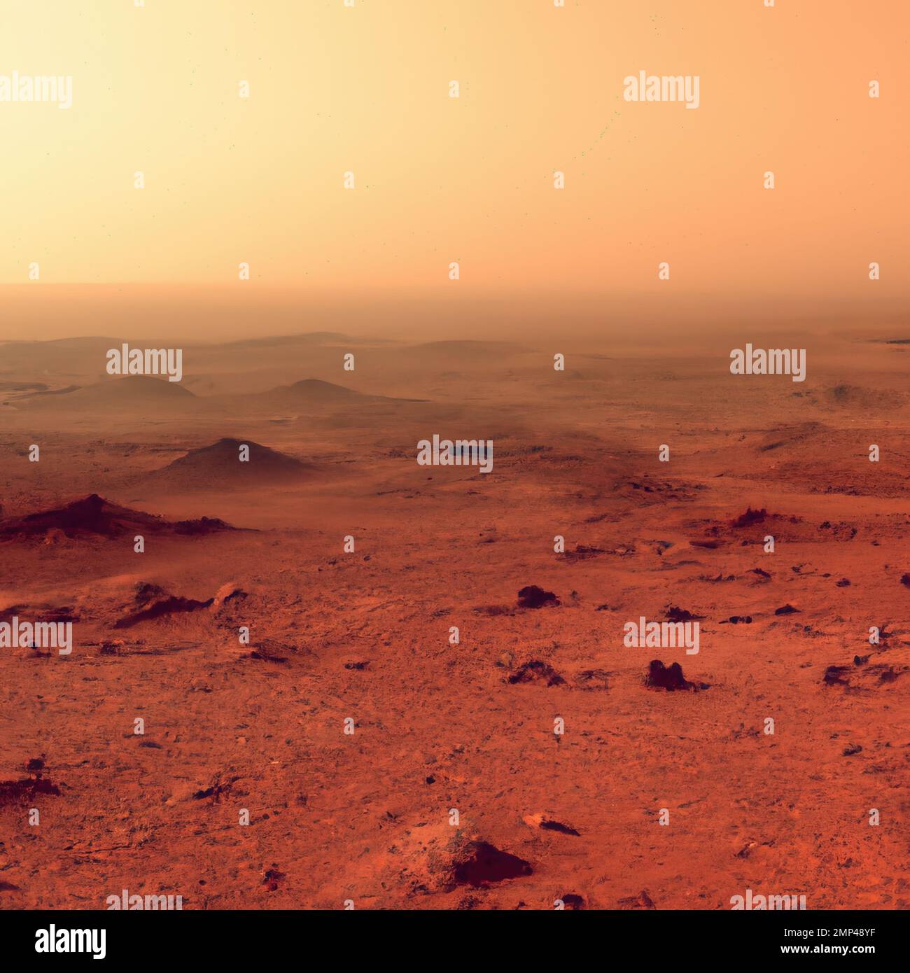 Landscape of deserted red planet surface that looks like Mars, generative ai. AI generated illustration of dusty and rocky scenery of lifeless desert. Stock Photo