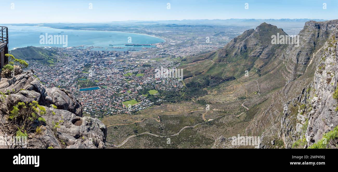 Panorama of the Cape Town City Bowl as seen from Table Mountain. Devils Peak, the city centre and harbour are visible Stock Photo