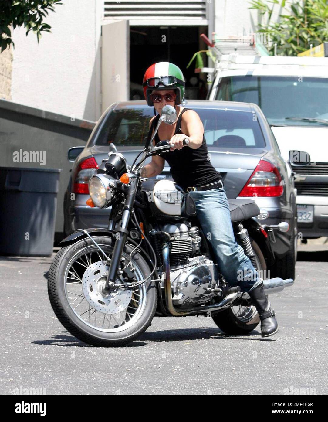 Pink was seen arriving on her Triumph motorcycle this afternoon at a ...