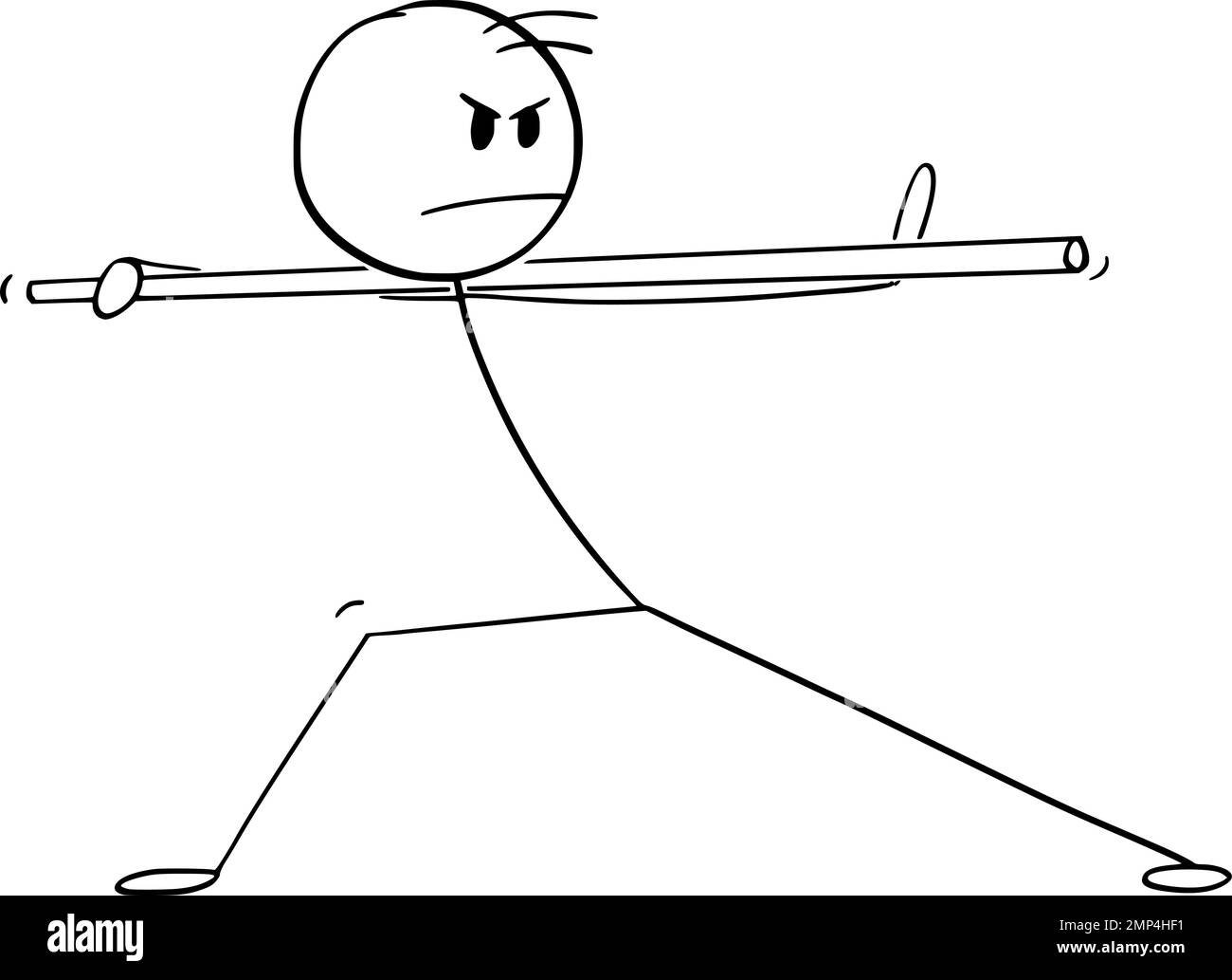 Fighter in Martial Arts or Kung Fu Pose with Staff, Vector Cartoon