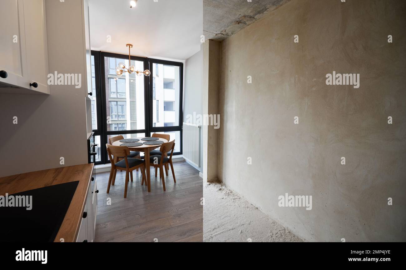 Comparison of old apartment and new flat with modern interior, parquet floor, table, chairs and white walls. Concept of home renovation. Empty room with large window before and after restoration. Stock Photo