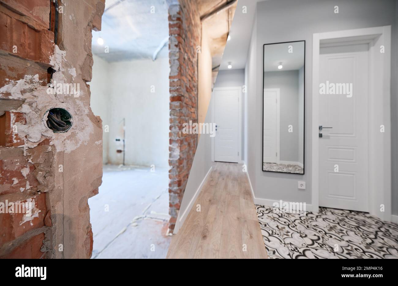 Photo collage of hallway and bedroom before and after refurbishment. Old apartment and new renovated flat with doorway, elegant interior design. Focus on the switch. Stock Photo