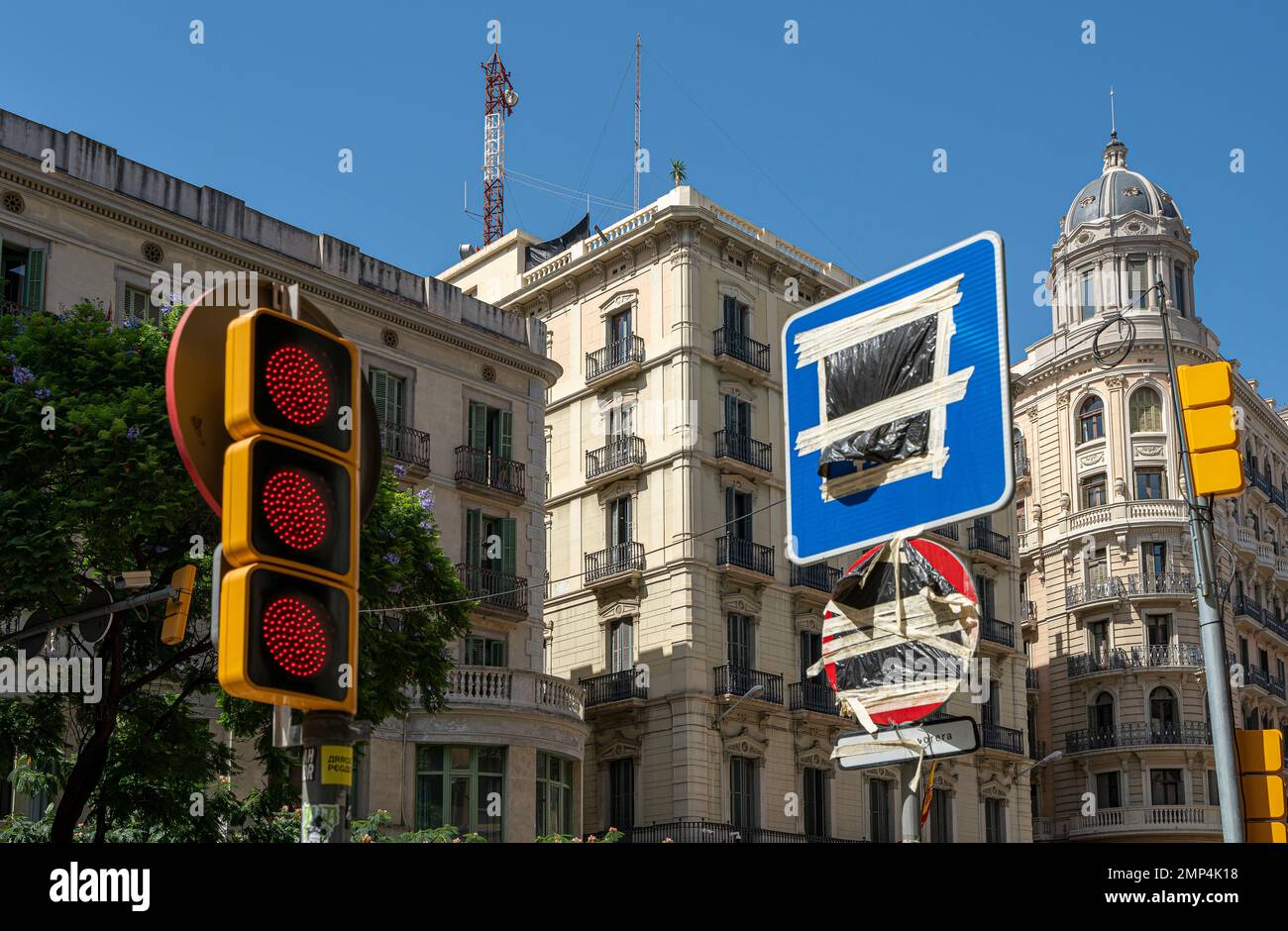 Taped Traffic Signs, Barcelona, Catalonia, Spain Stock Photo