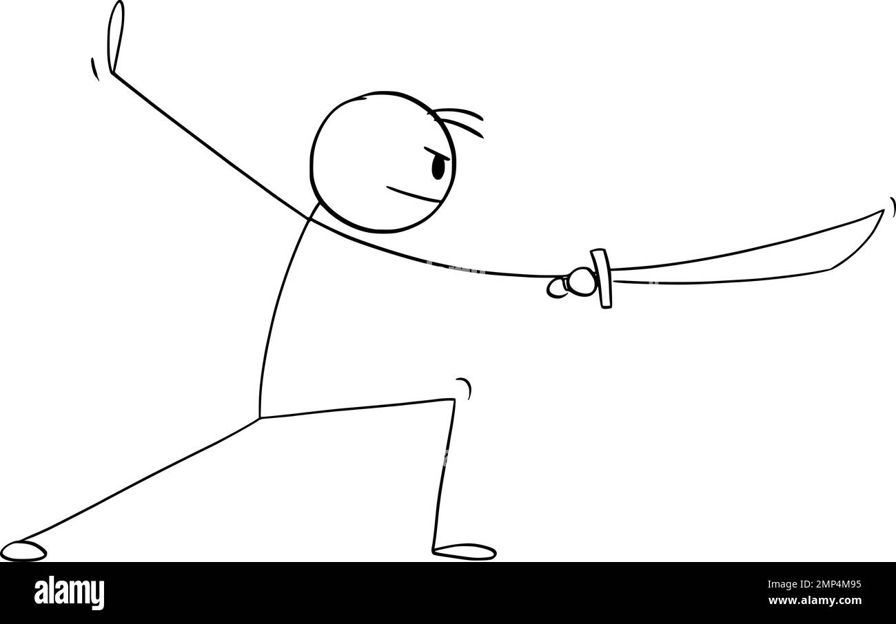 Fighter in Martial Arts or Kung Fu Pose with Sword, Vector Cartoon