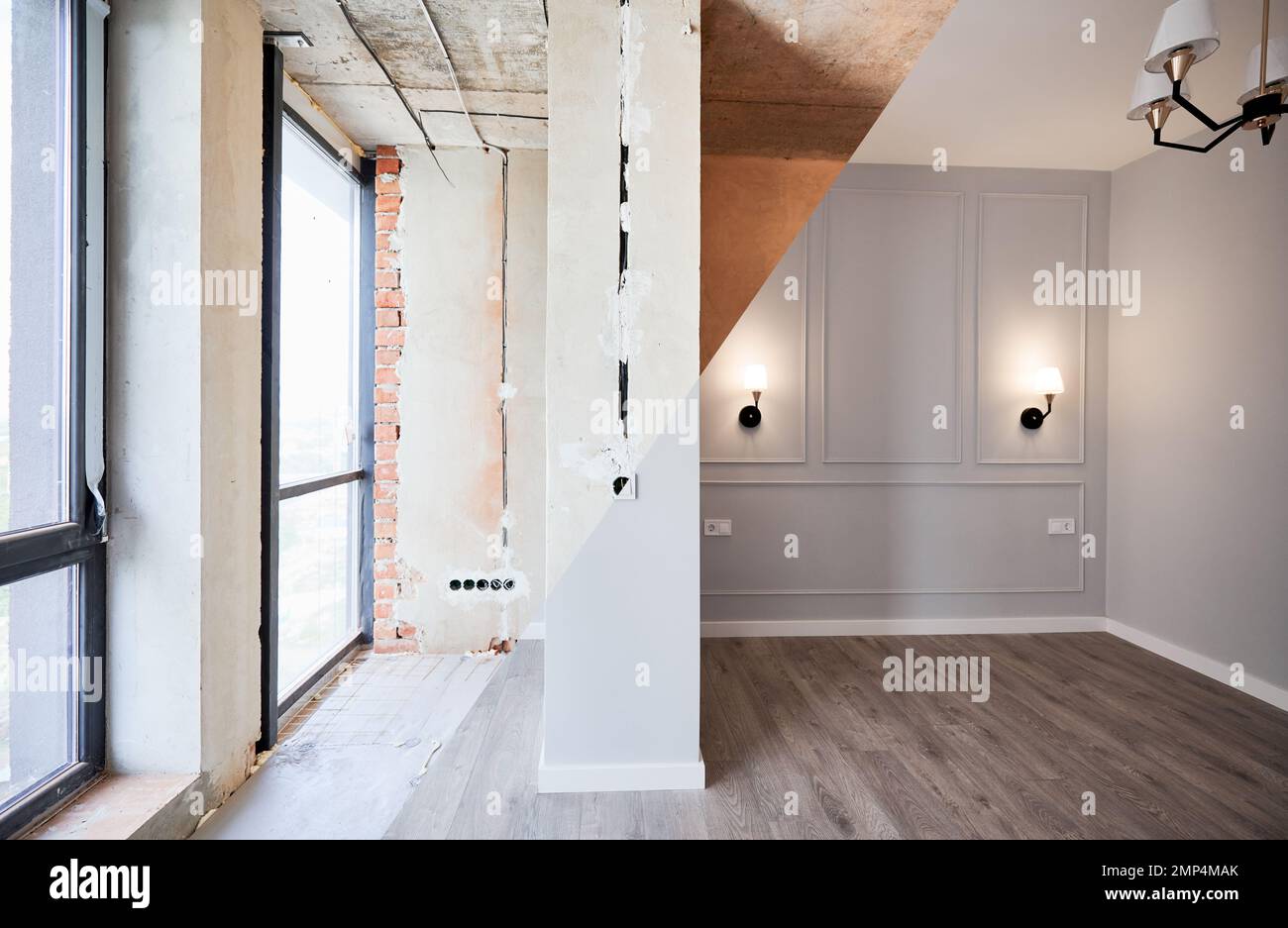 Comparison of apartment room with large panoramic window before and after refurbishment. Old room before restoration and new renovated room with elegant interior design. Stock Photo