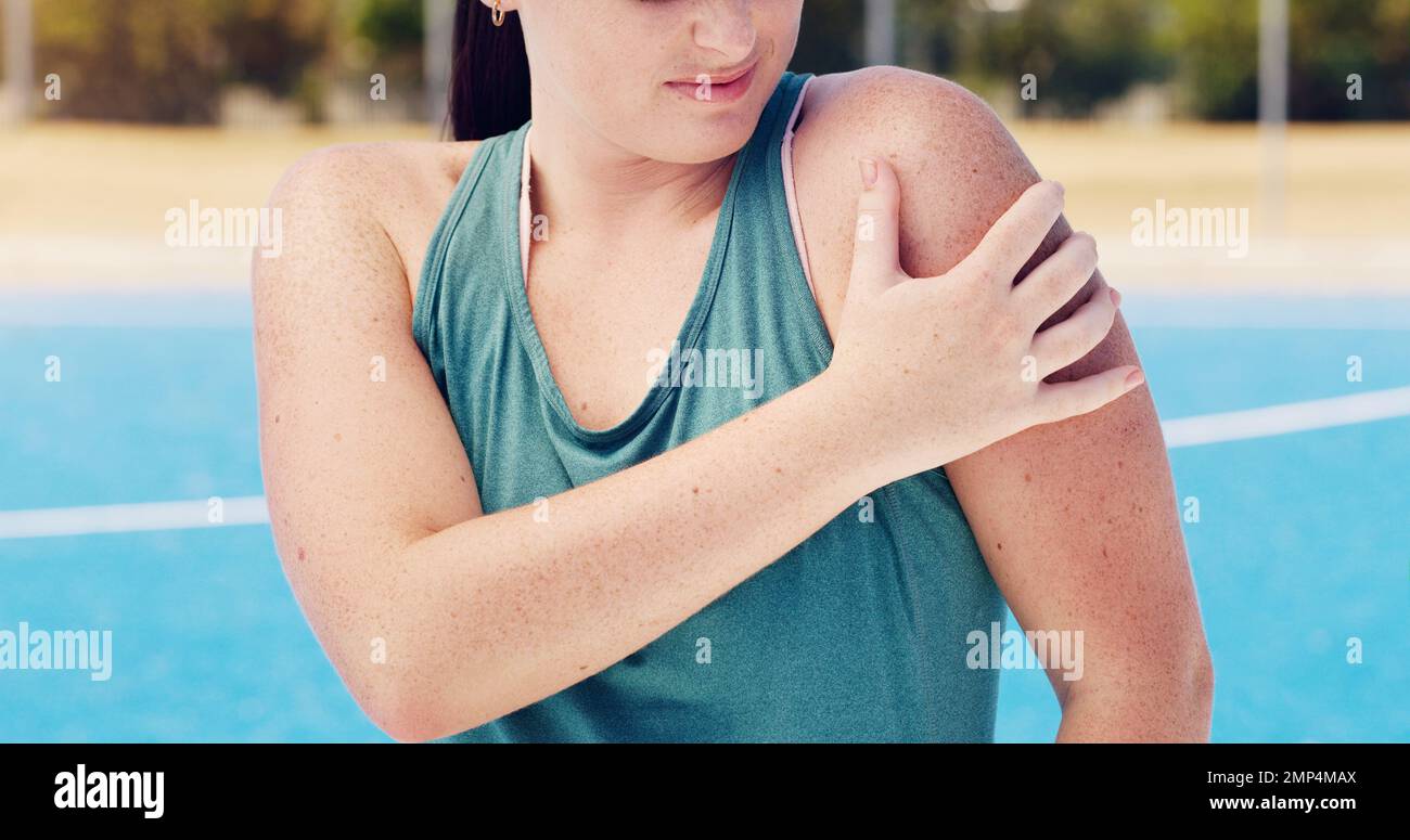 Fitness injury, shoulder and woman with pain while training, exercise